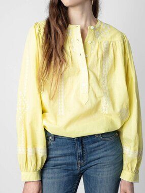 NWT $368 Zadig&Voltaire Tigy Yellow Lace Embroidered Button Volume Blouse Shirt